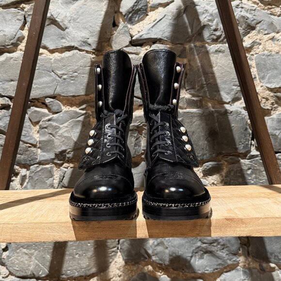 Chanel Glossy Black Pearl Chain CC Embellished Combat Boots - Picture 3 of 14